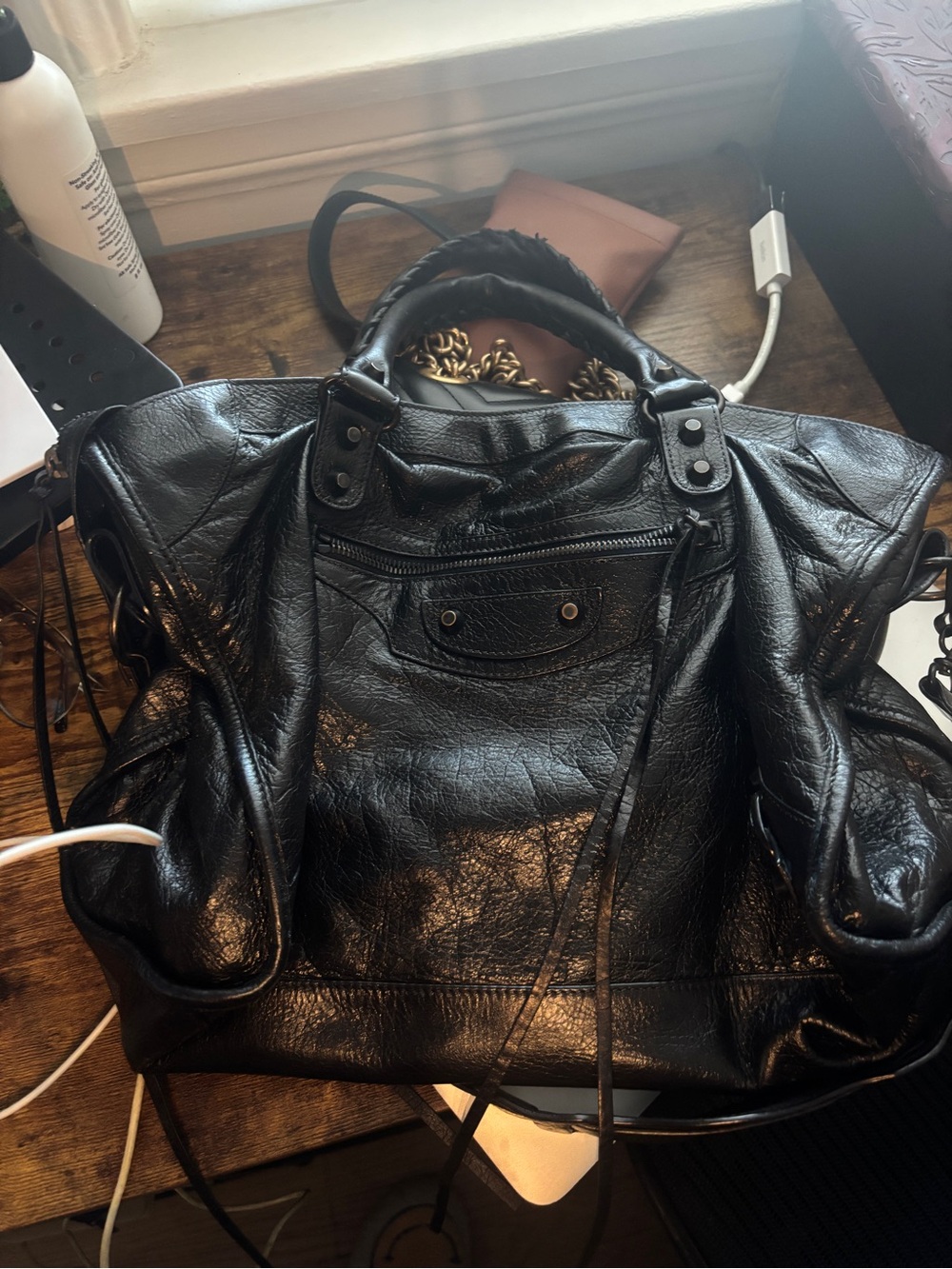 Balenciaga Black Leather Shoulder Bag with Top Handles